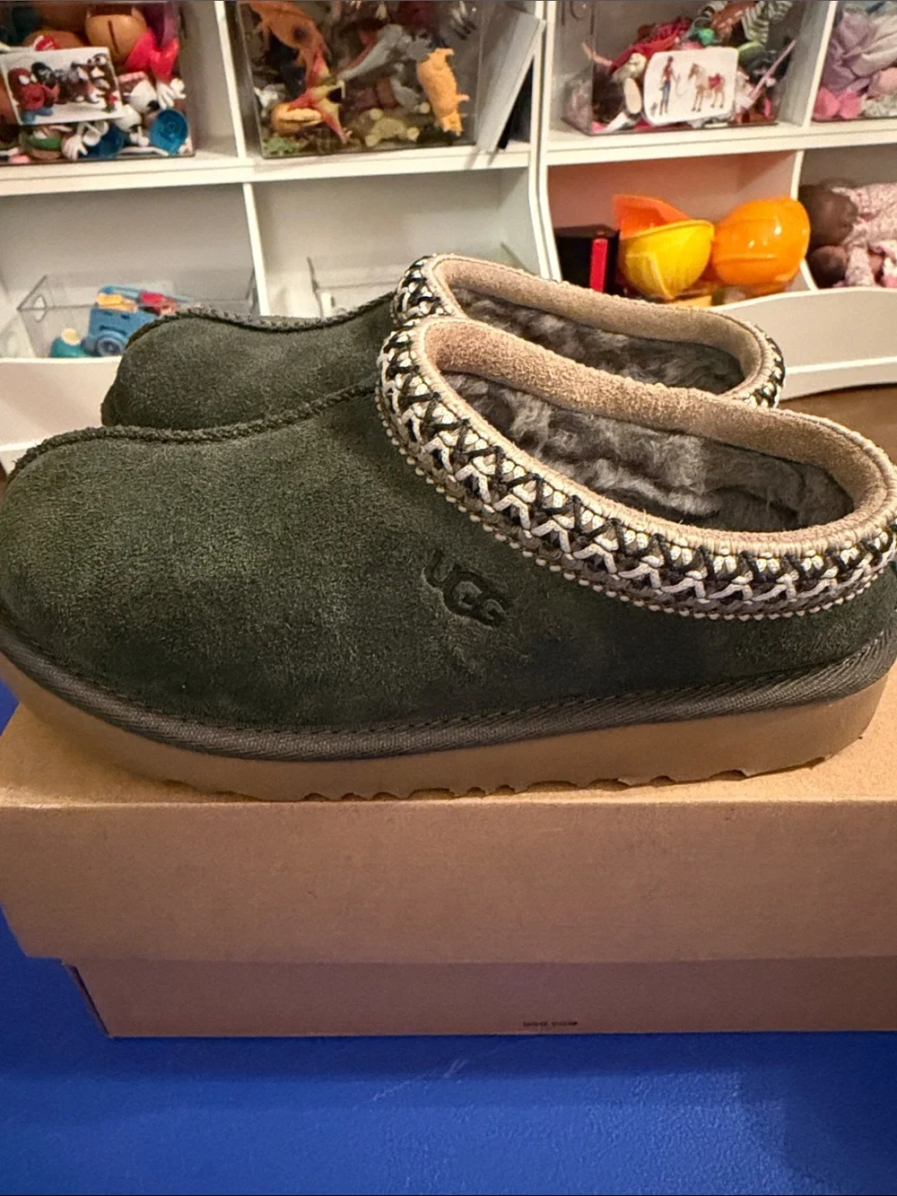 UGG kids Slip-On Suede Loafer in Olive Green with Tan Sole